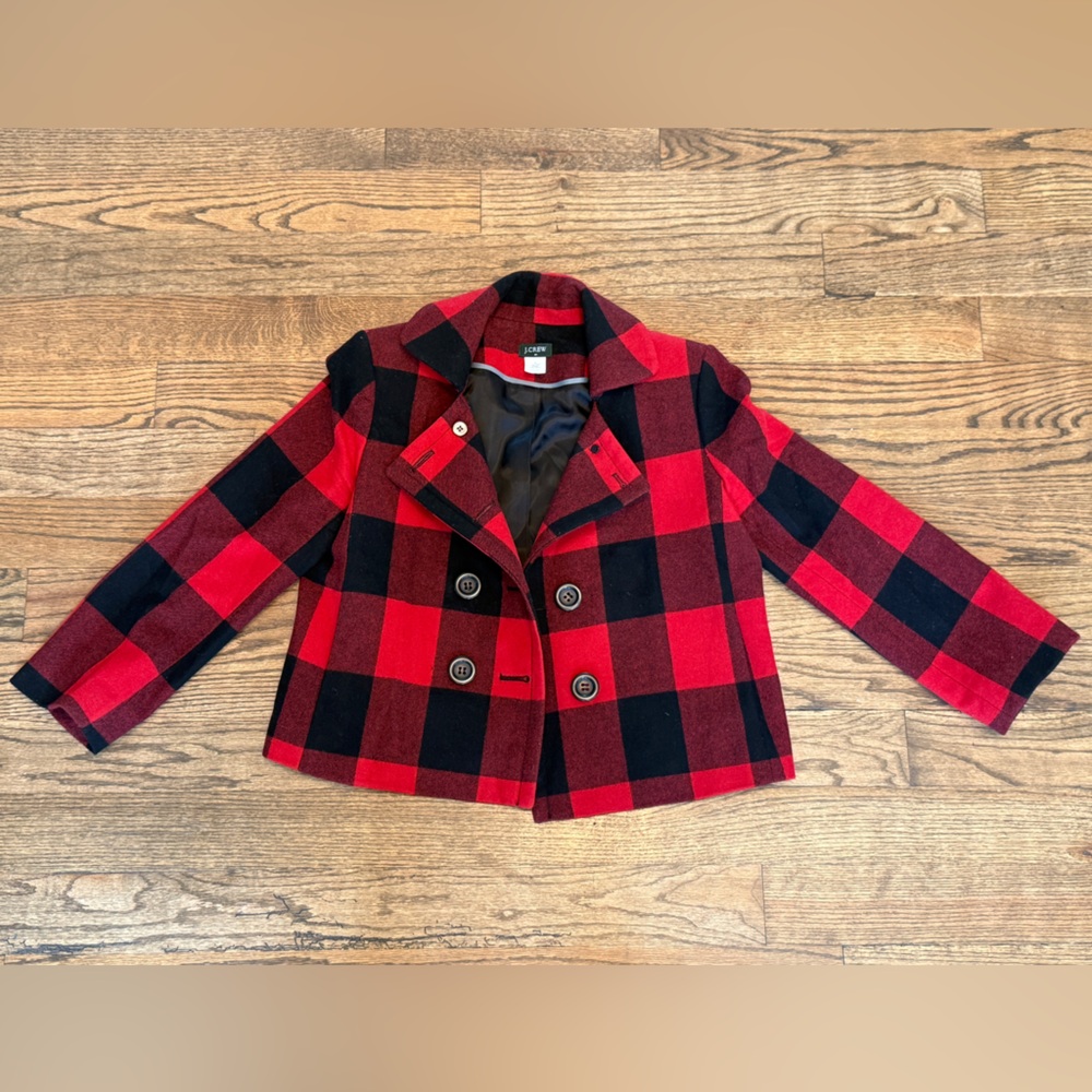 J.Crew Red & Black Cropped Wool Plaid Pea Coat - Size 8